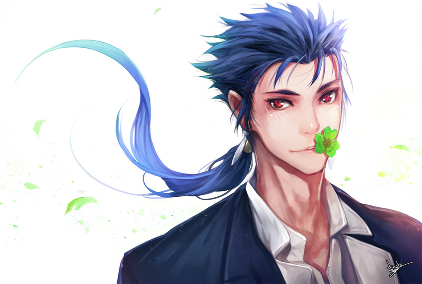bad_id bad_pixiv_id blue_hair clover danhu earrings fate/stay_night fate_(series) formal four-leaf_clover jewelry lancer long_hair male_focus mouth_hold ponytail red_eyes solo suit wind