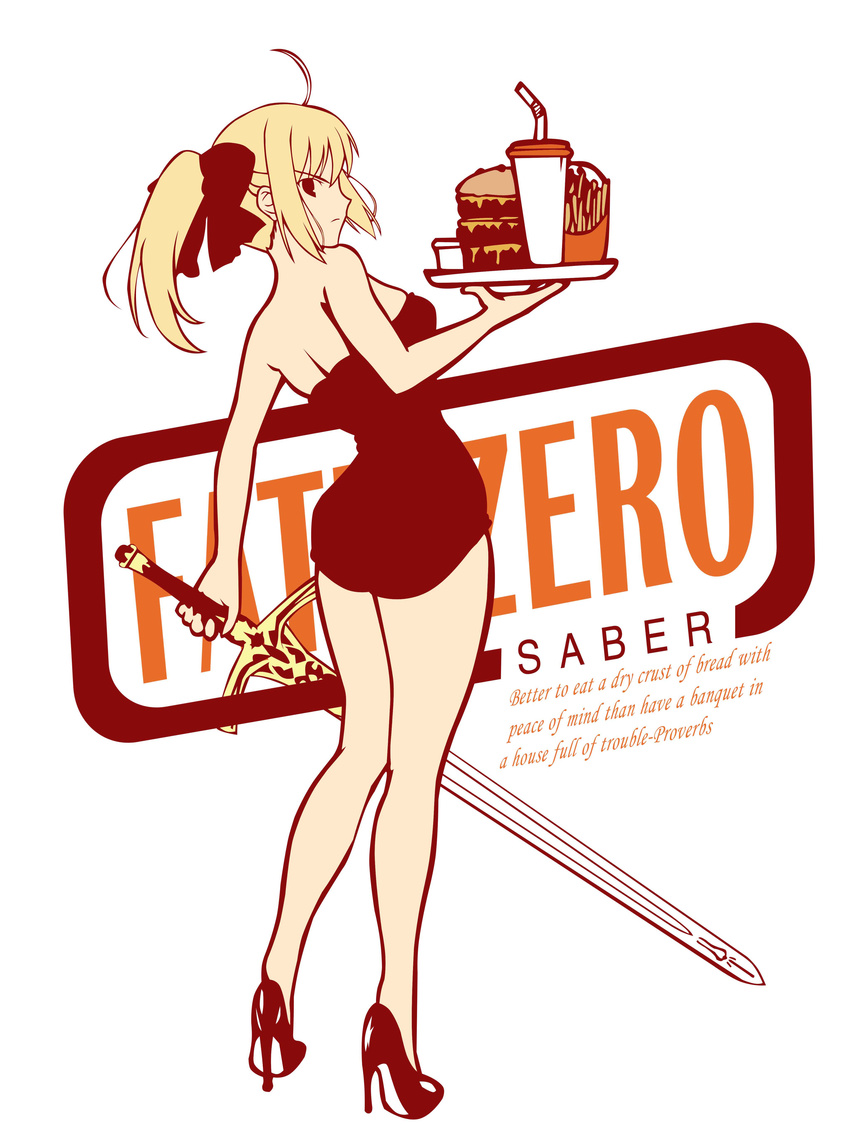 absurdres ahoge artoria_pendragon_(all) aszx4000 blonde_hair caliburn casual_one-piece_swimsuit dress english fate/zero fate_(series) food french_fries hamburger high_heels highres one-piece_swimsuit ponytail saber shoes solo swimsuit sword waitress weapon