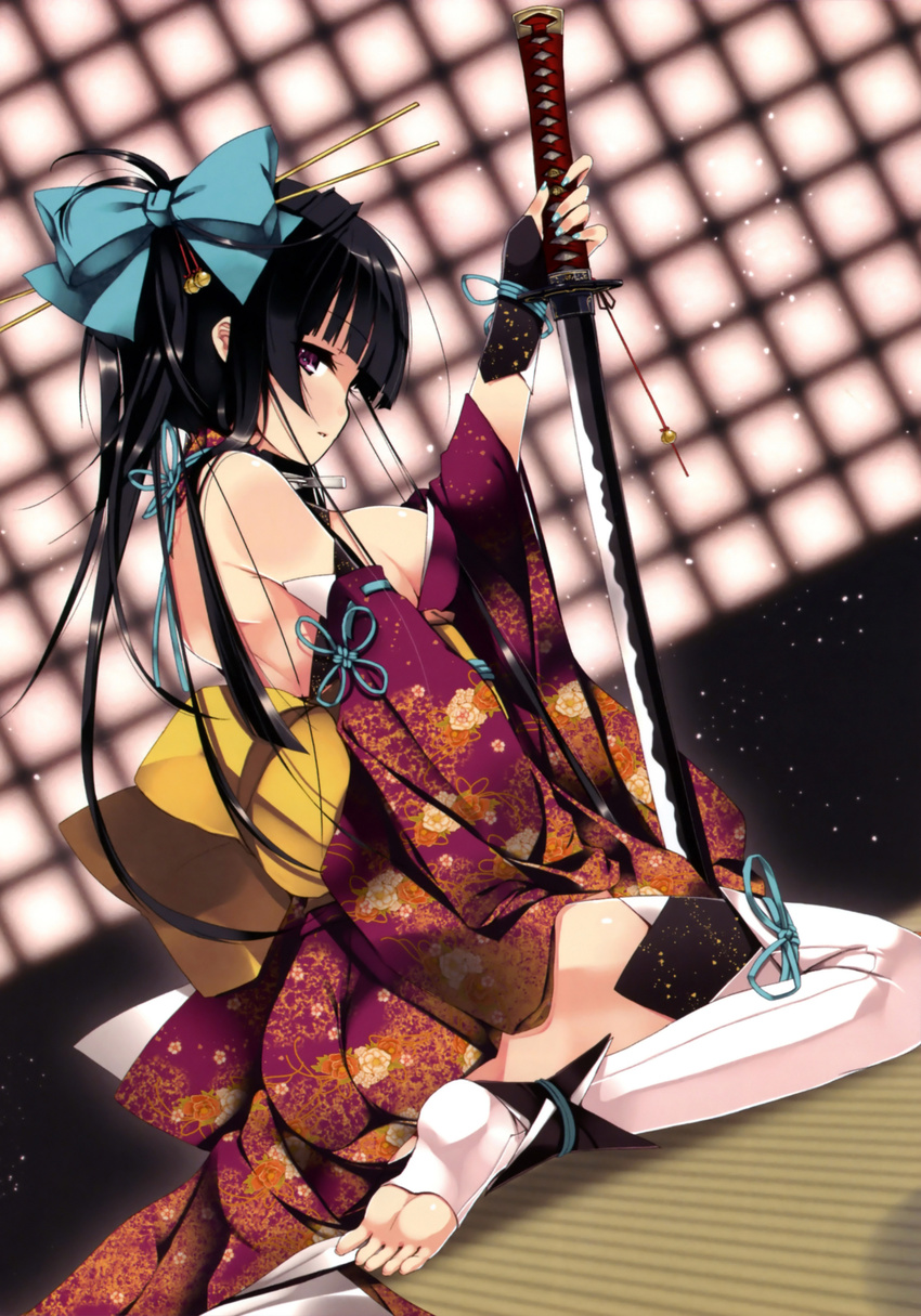 absurdres ankle_wrap bangs bare_shoulders barefoot bell black_hair blunt_bangs bow breasts detached_sleeves dutch_angle feet fingerless_gloves fingernails floral_print gloves hair_bell hair_bow hair_ornament hair_stick highres indoors japanese_clothes katana kimono long_fingernails long_hair looking_at_viewer medium_breasts nail_polish obi original parted_lips ponytail purple_eyes refeia sash scan sideboob sitting soles solo sword thighhighs toeless_legwear toes wariza weapon white_legwear