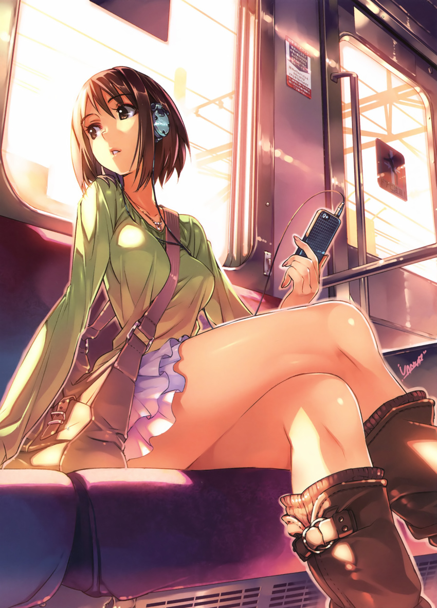 absurdres artist_name bag between_breasts boots breasts brown_eyes brown_hair cellphone crossed_legs digital_media_player frilled_skirt frills headphones highres iphone jewelry knee_boots kneehighs legs looking_away medium_breasts necklace original parted_lips phone scan short_hair shoulder_bag signature sitting skirt smartphone solo strap_cleavage thighs train_interior vania600 wire