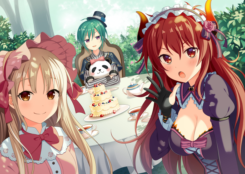 1other 2girls :o androgynous bangs black_gloves black_hat blue_flower blue_rose blue_sky blush bow breasts brown_eyes bush cake cleavage closed_mouth cloud cloudy_sky collared_shirt commentary_request cup day doora_(nijisanji) dragon_horns eyebrows_visible_through_hair flower food gloves green_hair grey_shirt hair_between_eyes hair_bow hand_up hat hat_flower highres horns juliet_sleeves large_breasts light_brown_hair long_hair long_sleeves mini_hat mini_top_hat multiple_girls nijisanji object_hug open_mouth outdoors parted_lips partly_fingerless_gloves pink_flower pink_rose pink_shirt puffy_sleeves purple_bow purple_shirt red_eyes red_hair rose ryuushen shirt short_hair sister_cleaire sky smile striped striped_bow striped_shirt stuffed_animal stuffed_panda stuffed_toy table teacup teapot tilted_headwear top_hat tree v-shaped_eyebrows vertical-striped_shirt vertical_stripes very_long_hair virtual_youtuber yuusa
