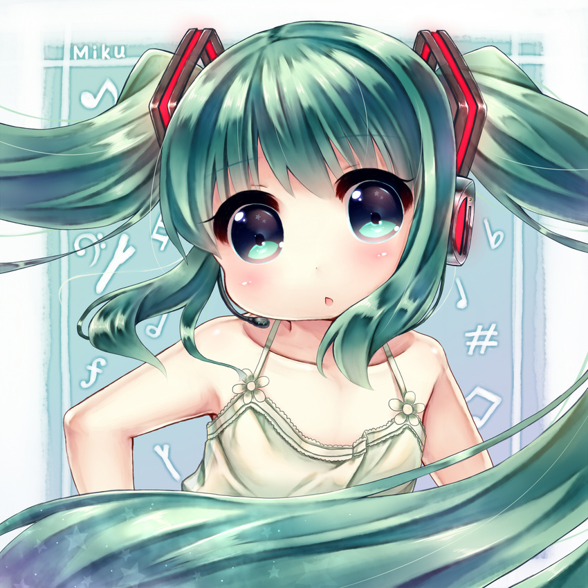 character_name dearoliha face green_eyes green_hair hatsune_miku headset highres long_hair musical_note solo spring_onion twintails vocaloid