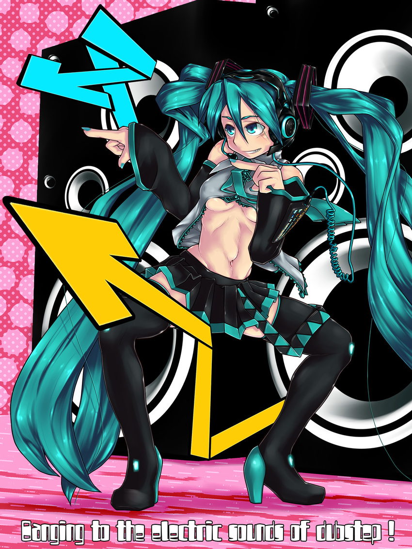 aqua_eyes aqua_hair bad_id bad_pixiv_id boots breasts detached_sleeves directional_arrow english grin hatsune_miku headphones headset high_heels highres long_hair medium_breasts midriff miniskirt nail_polish navel necktie pleated_skirt pointing raplus shoes skirt smile solo speaker spread_legs standing text_focus thigh_boots thighhighs twintails underboob very_long_hair vocaloid zettai_ryouiki