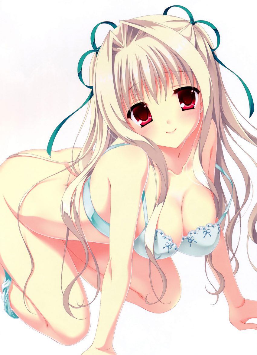 absurdres all_fours bare_shoulders blonde_hair bottomless bra breasts cleavage collarbone da_capo da_capo_iii green_bra green_panties hair_intakes hair_ribbon highres large_breasts long_hair looking_at_viewer panties panties_around_one_leg red_eyes ribbon scan simple_background smile solo strap_slip tanihara_natsuki underwear underwear_only white_background yoshino_charles
