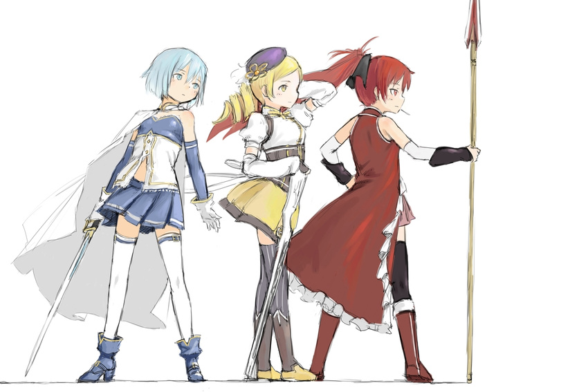 armband bad_id bad_pixiv_id bare_shoulders beret blonde_hair blue_eyes blue_hair boots cape coh drill_hair gloves gun hat magical_girl magical_musket mahou_shoujo_madoka_magica miki_sayaka multiple_girls polearm ponytail red_eyes red_hair sakura_kyouko short_hair simple_background spear sword thighhighs tomoe_mami twin_drills twintails weapon white_background yellow_eyes zettai_ryouiki