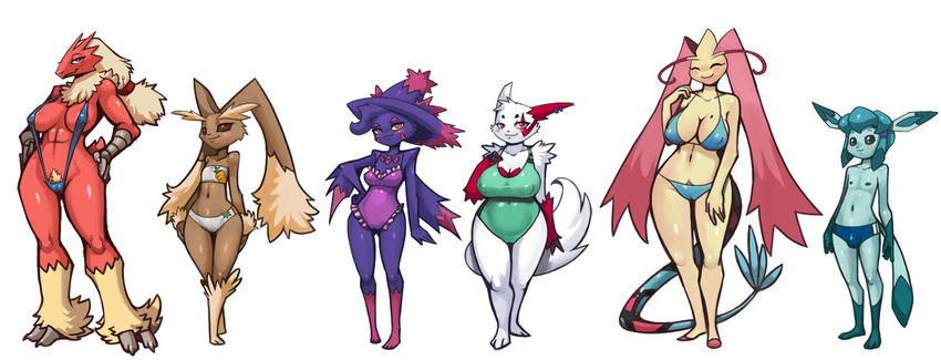 big_breasts bittenhard blaziken breasts bulge claws eeveelution female glaceon lineup lopunny male milotic mismagius nintendo pok&#233;mon pok&eacute;mon pubes sofiya_ivanova video_games wide_hips zangoose