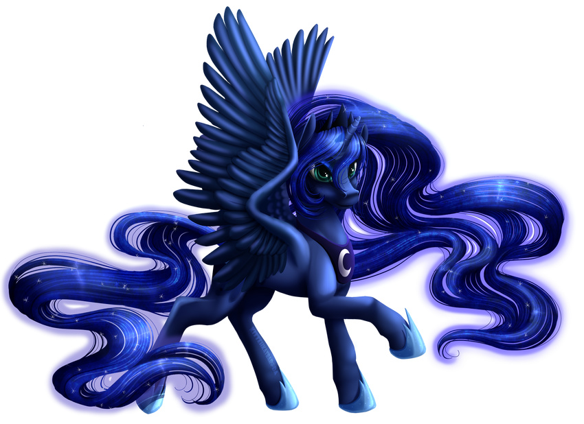 blue_eyes cutie_mark equine female feral friendship_is_magic hair horn horse kittehkatbar long_hair mammal moon my_little_pony necklace plain_background pony princess_luna_(mlp) solo sparkle transparent_background winged_unicorn wings