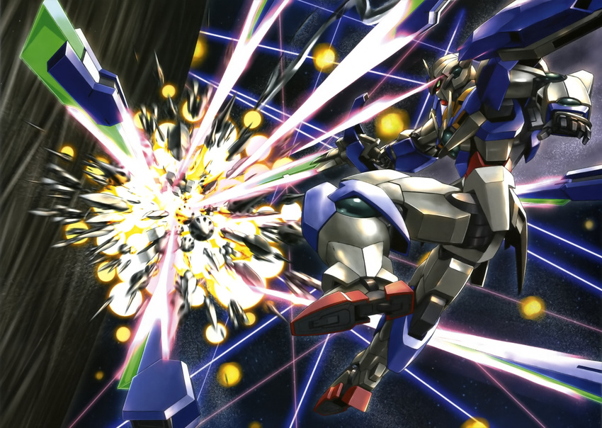 battle els explosion gundam gundam_00 gundam_00_a_wakening_of_the_trailblazer highres mecha no_humans official_art weapon