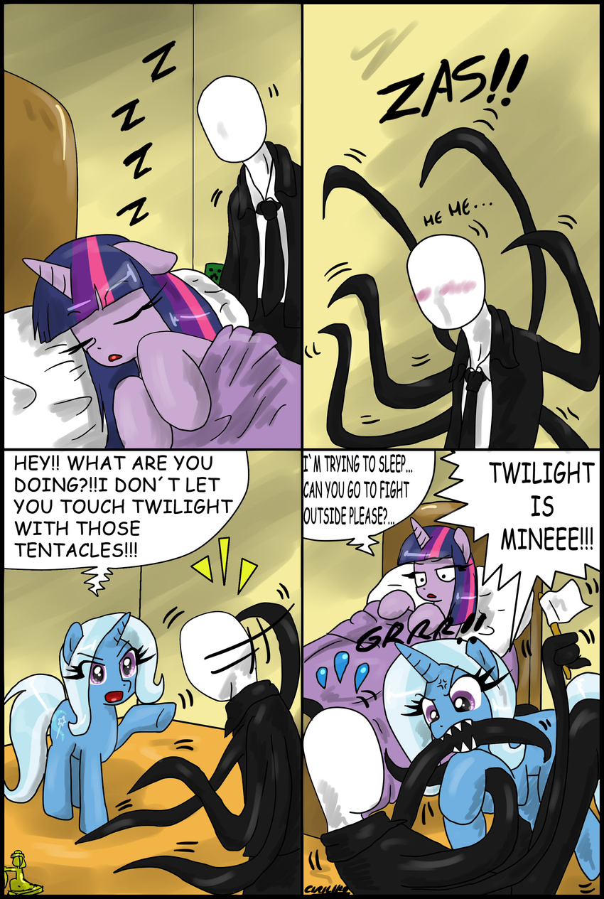 blush ciriliko comic creeper crossover cutie_mark dialog dialogue english_text equine female feral friendship_is_magic hair horn horse mammal minecraft multi-colored_hair my_little_pony pillow pony sharp_teeth sleeping slenderman stephano suit teeth tentacles text trixie_(mlp) twilight_sparkle_(mlp) unicorn unimpressed video_games