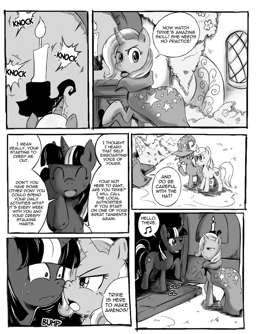 black_and_white cape comic cutie_mark derpy_hooves_(mlp) dialog dialogue english_text equine female feral friendship_is_magic greyscale guardian-core hat horn horse lyra_(mlp) lyra_heartstrings_(mlp) mammal manga monochrome my_little_pony pegasus pony text trixie_(mlp) twilight_sparkle_(mlp) unicorn wings
