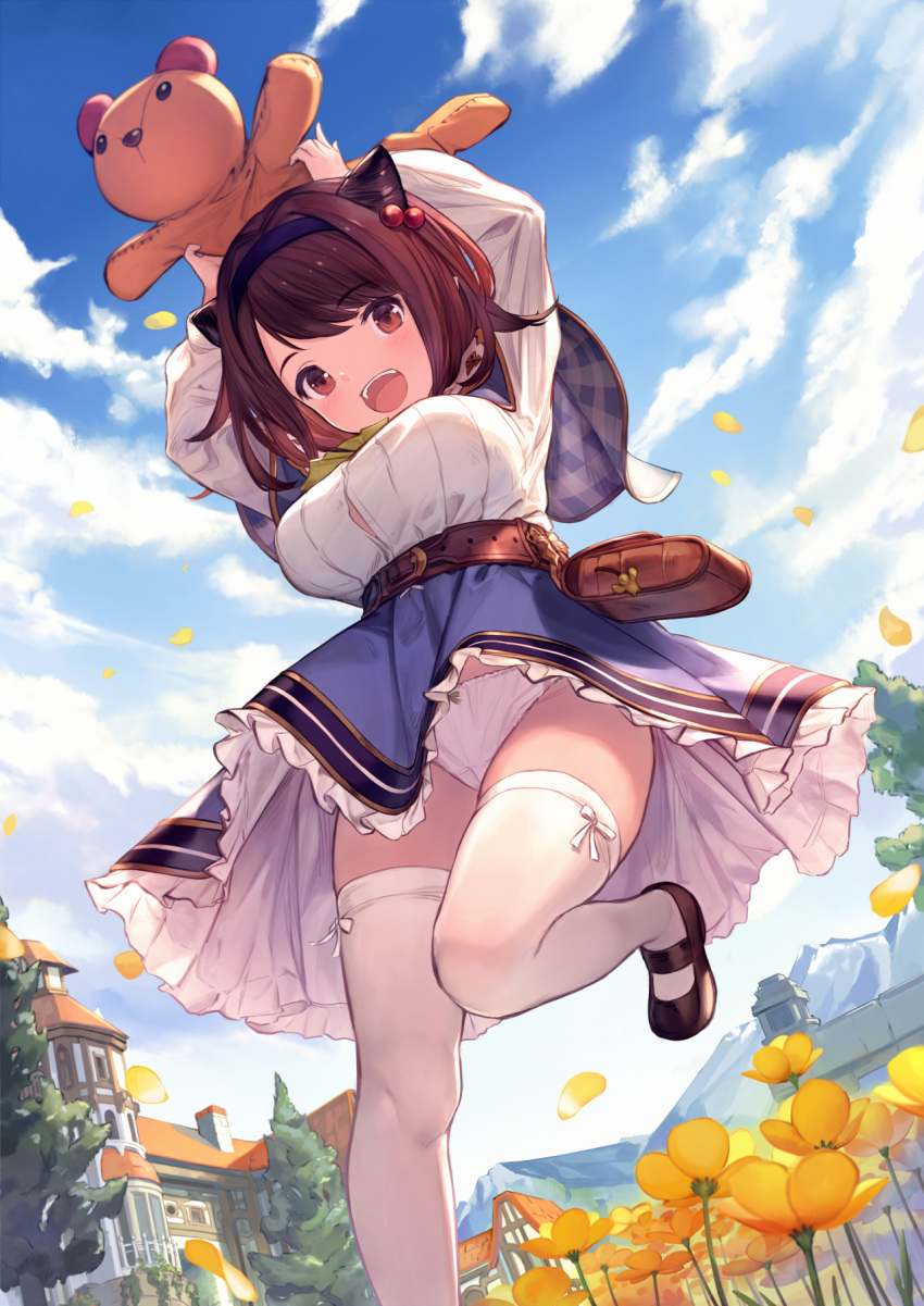 1girl :d arms_up belt black_footwear blue_skirt blue_sky breasts brown_eyes brown_hair capelet cloud commentary_request day draph eyebrows_visible_through_hair flower frilled_skirt frills granblue_fantasy hair_bobbles hair_ornament hairband highres horns large_breasts long_sleeves looking_at_viewer open_mouth outdoors panties petals plaid_capelet shirt shoes short_hair skirt sky smile solo stuffed_animal stuffed_toy supertie teddy_bear thighhighs underwear upskirt white_legwear white_panties white_shirt yaia_(granblue_fantasy)