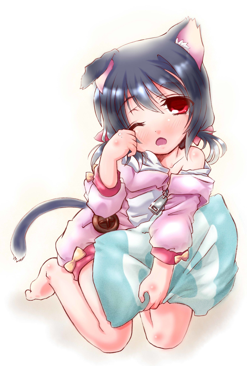 animal_ears black_hair blush buttons cat_ears cat_tail dog_days highres kanon_(kurogane_knights) low_twintails noir_vinocacao off_shoulder one_eye_closed open_mouth pajamas pillow red_eyes rubbing_eyes seiza short_hair sitting sleepy solo tail twintails zipper