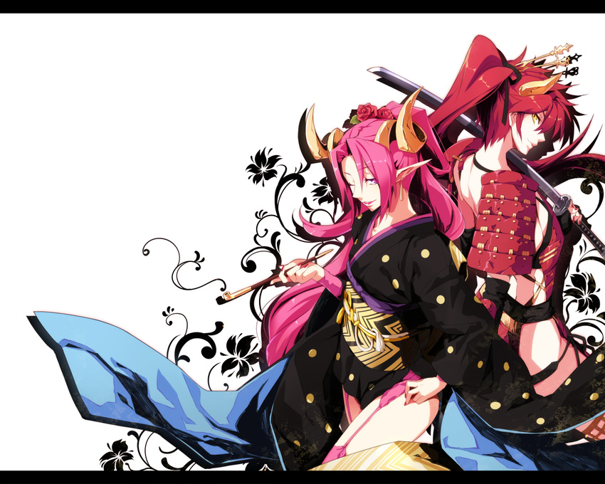 armor belial_(mygrimoire) flower horns japanese_clothes kimono kyousaku long_hair multiple_girls mygrimoire over_shoulder pink_eyes pink_hair pointy_ears red_flower red_hair red_rose rose sin_(mygrimoire) smile sword thigh_strap thighhighs weapon yellow_eyes
