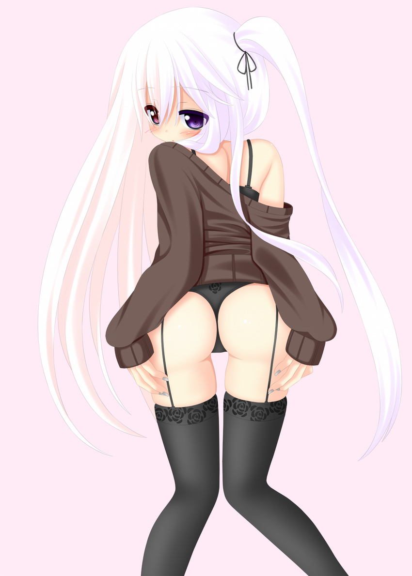 ass bangs bare_shoulders black_panties blue_eyes blush camisole from_behind garter_straps heterochromia highres long_hair looking_at_viewer looking_back off_shoulder one_side_up original panties pink_background pullover purple_eyes red_eyes simple_background sleeves_past_wrists solo standing straight_hair sweater thigh_gap thighhighs underwear very_long_hair wedgie white_hair yoye_(pastel_white)