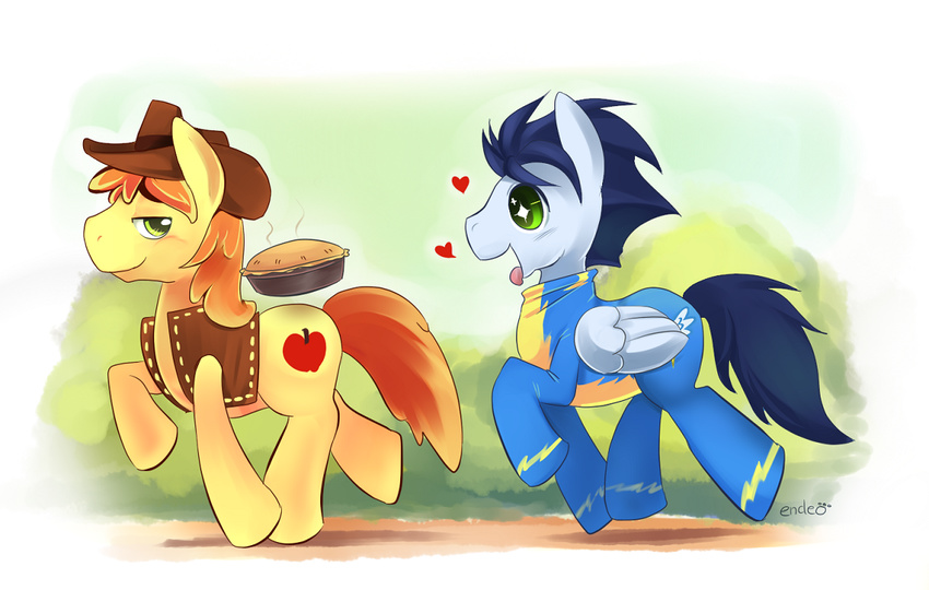 apple braeburn_(mlp) bush costume cutie_mark ende equine feral friendship_is_magic fruit green_eyes horse lightening male mammal mane my_little_pony pegasus pie pony skip smirk soarin_(mlp) vest wings wonderbolt wonderbolts_(mlp)