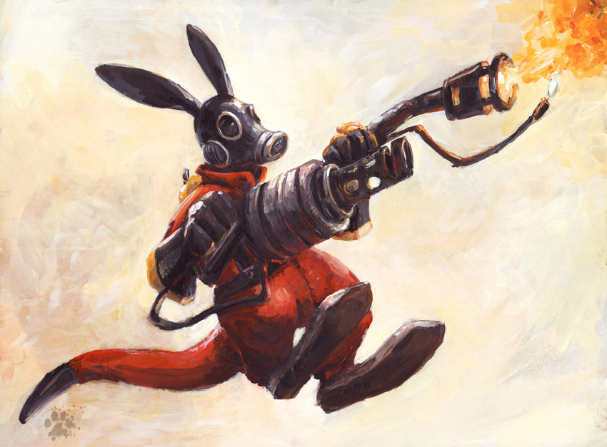 ambiguous_gender blotch face_mask fire flamethrower gloves kangaroo mammal marsupial mask pyro pyro_(team_fortress_2) ranged_weapon rubber_gloves shoes solo team_fortress_2 weapon