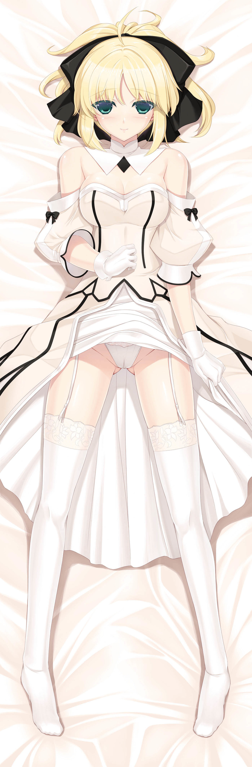 1girl \o/ absurdres ahoge arms_up bed_sheet blonde_hair blue_eyes blush bow breasts capcom cleavage dakimakura detached_sleeves dress fate/stay_night fate/unlimited_codes fate_(series) garter_belt garter_straps gloves hair_bow highres jpeg_artifacts long_image lying nakano_sora navel nipples nude on_back open_mouth outstretched_arms panties saber saber_lily short_hair smile solo tall_image thighhighs underwear white_gloves white_legwear white_panties