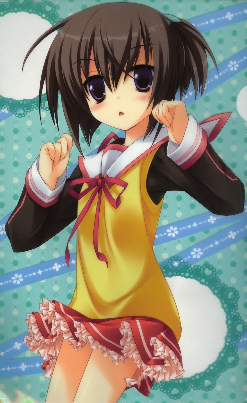 :&lt; brown_hair gotou_nao highres itou_mikoto koiiro_soramoyou long_sleeves looking_at_viewer open_mouth ponytail purple_eyes ribbon scan short_hair side_ponytail skirt solo