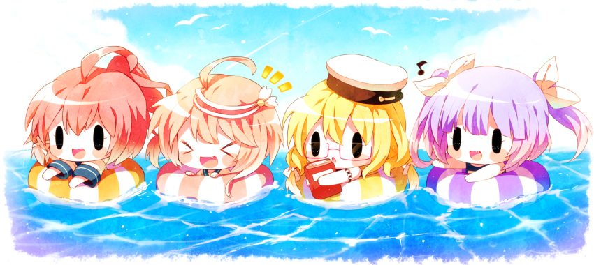 &gt;_&lt; 4girls :d ahoge blonde_hair blush_stickers book chibi commentary_request day fang floating hair_ornament hair_ribbon haru431 hat holding holding_book i-168_(kantai_collection) i-19_(kantai_collection) i-58_(kantai_collection) i-8_(kantai_collection) kantai_collection lifebuoy lineup long_hair multiple_girls musical_note notice_lines open_mouth orange_hair outdoors ponytail purple_hair red_hair ribbon school_swimsuit school_uniform serafuku smile swimsuit two_side_up water white_ribbon xd ||_||