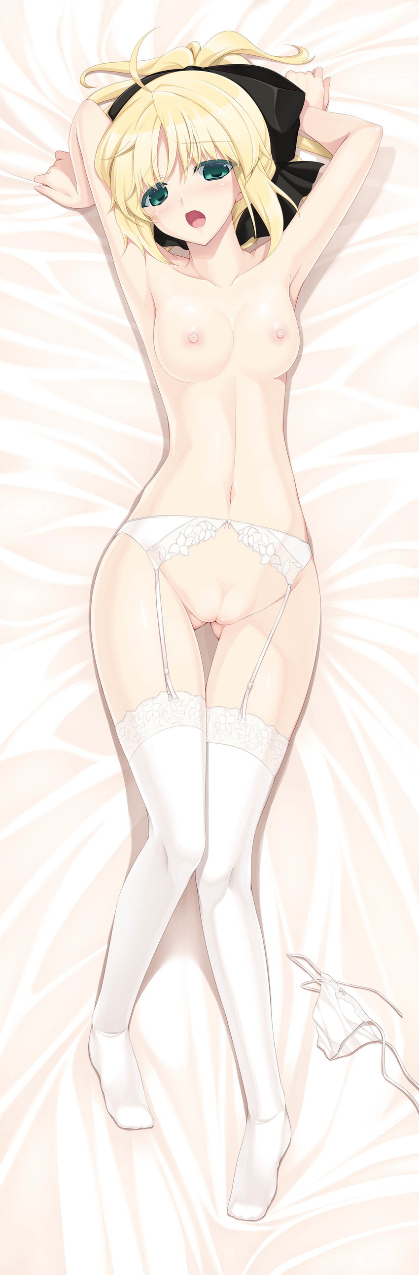 1girl absurdres ahoge armpits arms_up bare_shoulders bed_sheet blonde_hair blue_eyes blush bow breasts capcom cleavage collarbone dakimakura dress fate/stay_night fate/unlimited_codes fate_(series) garter_belt gloves hair_bow highres jpeg_artifacts long_image lying nakano_sora naked_thighhighs navel nipples nude on_back open_mouth outstretched_arms panties panties_removed pussy saber saber_lily short_hair smile solo tall_image thighhighs topless uncensored underwear white_gloves white_legwear white_panties