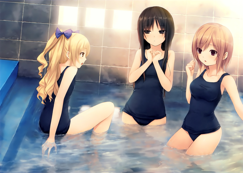 bangs black_eyes black_hair blonde_hair bow brown_eyes brown_hair coffee-kizoku cure_girl eyebrows_visible_through_hair hair_bow highres hoshimiya_miyu kunimura_kotone long_hair multiple_girls nanjou_rena non-web_source one-piece_swimsuit partially_submerged school_swimsuit short_hair stairs swimsuit tiles twintails