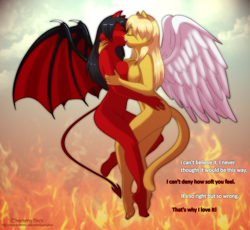 angel_wings angelina_onyx big_breasts black_hair blonde_hair breast_squish breasts cat creamytea cuddling deity demon demon_on_angel demon_wings devil_tail duo english_text eyes_closed feline female flying french_kiss goddess hair kissing lesbian love mammal natasha_onyx nude red_body side_view simple_background spade_tail subtitled succubus text wings yellow_body