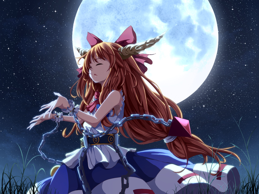 armpits atami belt bow chain closed_eyes cuffs from_below full_moon grass hair_bow hands_up highres horns ibuki_suika long_hair low-tied_long_hair moon night night_sky open_mouth orange_hair outstretched_hand red_bow ribbon shackles shirt skirt sky sleeveless sleeveless_shirt solo star_(sky) starry_sky touhou very_long_hair weights wrist_cuffs