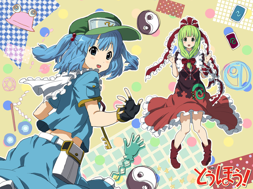 belt blue_eyes bow fingerless_gloves front_ponytail gloves gohei green_hair hair_bobbles hair_bow hair_ornament hat kabutoyama kagiyama_hina kawashiro_nitori long_hair looking_at_viewer multiple_girls parody pyonta short_hair style_parody touhou two_side_up yin_yang