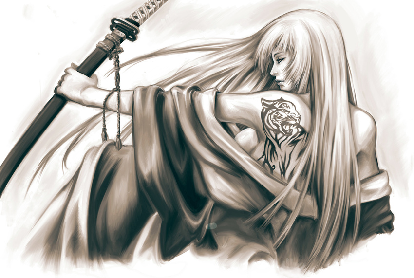 bare_back bare_shoulders breasts chouun_shiryuu from_behind highres hime_cut ikkitousen japanese_clothes katana kimono kimono_pull large_breasts long_hair looking_back monochrome realistic sideboob solo sword tattoo tiger weapon