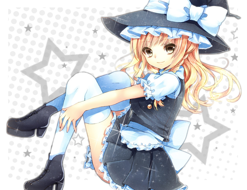 apron bad_id bad_pixiv_id banned_artist blonde_hair boots bow braid hat hat_bow highres kirisame_marisa long_hair single_braid sitting skirt smile solo sparkle star thighhighs touhou tsukiriran waist_apron white_legwear witch_hat yellow_eyes