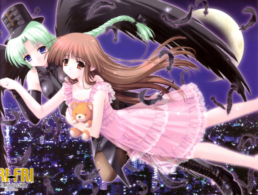 blue_eyes braid brown_hair cityscape copyright_request crescent_moon elbow_gloves feathers fingerless_gloves flying gloves green_hair hat holding_hands kimizuka_aoi lingerie long_hair moon multiple_girls night nightgown panties pantyhose red_eyes see-through stuffed_animal stuffed_toy teddy_bear underwear wings