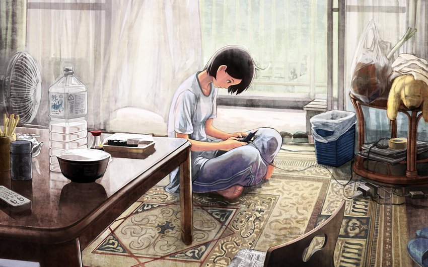 black_hair bottle controller electric_fan handheld_game_console highres indian_style indoors living_room newspaper nintendo_ds on_floor original playing_games remote_control room scenery shirakaba shirt sitting solo stuffed_animal stuffed_toy t-shirt video_game wallpaper