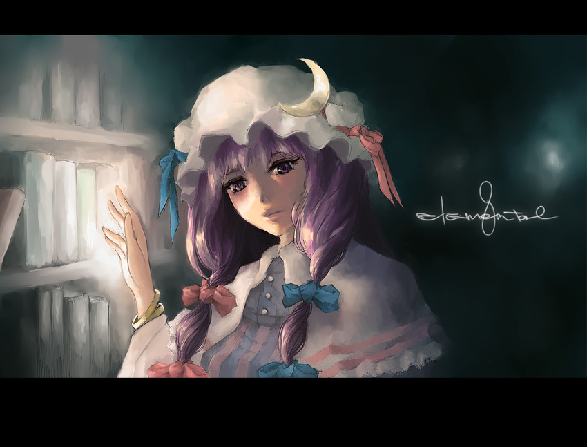 bad_id bad_pixiv_id book bow goldregen hat library long_hair patchouli_knowledge pink_bow purple_hair ribbon solo touhou voile