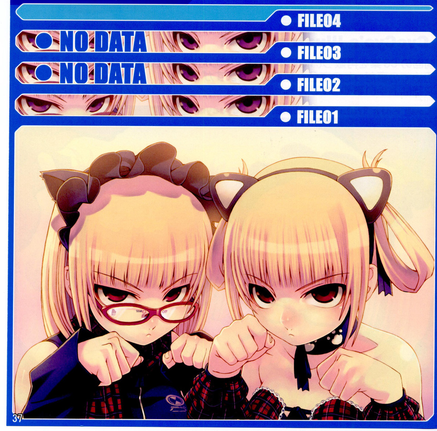 animal_ears blonde_hair choker copyright_request detached_sleeves hairband highres multiple_girls paw_pose plaid red_eyes short_hair short_twintails siblings sisters tasaka_shinnosuke twins twintails