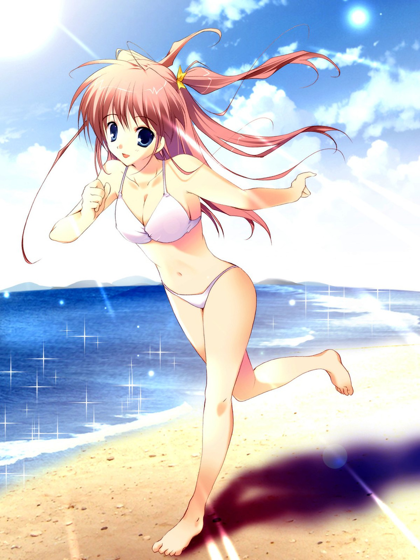 beach bikini blue_eyes clenched_hand copyright_request day girly_running highres long_hair mikeou non-web_source outdoors pink_hair running solo sparkle swimsuit twintails