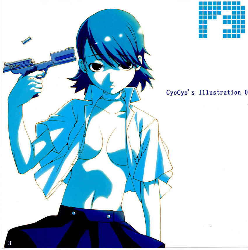 blue breasts casing_ejection choker evoker gun gun_to_head handgun highres holding holding_gun holding_weapon medium_breasts monochrome navel open_clothes open_shirt persona persona_3 pistol racking_slide shell_casing shirt short_hair skirt solo takeba_yukari tasaka_shinnosuke weapon