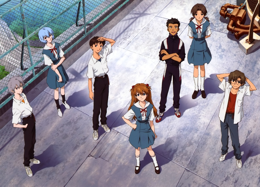 4boys aida_kensuke ayanami_rei black_hair blue_hair brown_hair freckles glasses horaki_hikari ikari_shinji multiple_boys multiple_girls nagisa_kaworu neon_genesis_evangelion non-web_source red_hair rooftop sadamoto_yoshiyuki school_uniform silver_hair souryuu_asuka_langley suzuhara_touji wallpaper