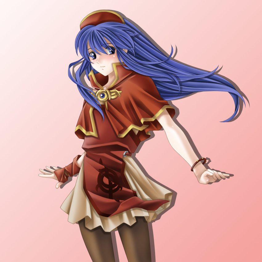 blue_eyes blue_hair blush bracelet capelet fire_emblem fire_emblem:_fuuin_no_tsurugi gloves hat highres jewelry lilina long_hair pantyhose single_glove skirt smile solo tamamon