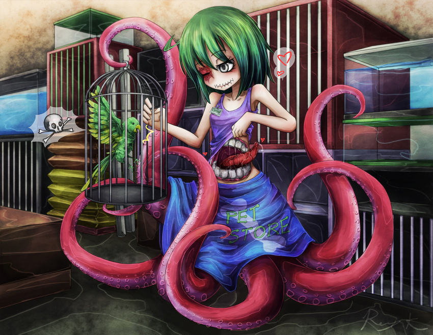1girl bird birdcage burn burn_scar cage green_hair grey_eyes heart monster monster_girl mouth name_tag parakeet ray-k scar scylla silver_eyes skull_and_crossbones spoken_heart stitches stomach_mouth tentacle tongue you_gonna_get_raped