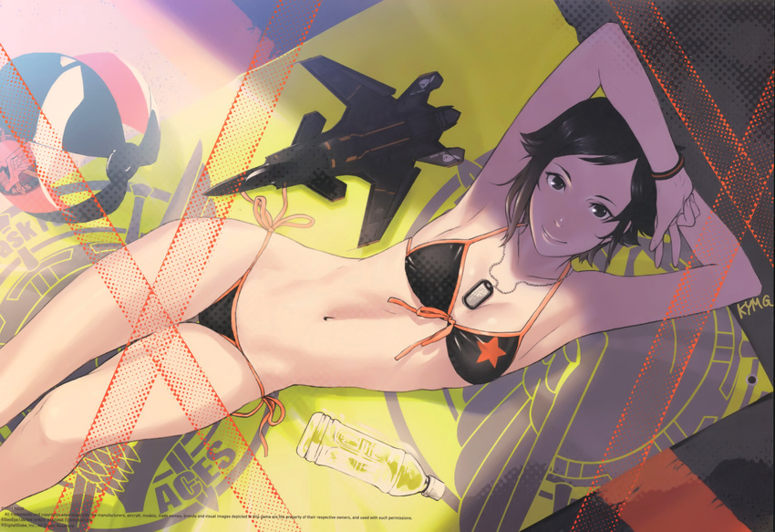 absurdres ace_combat ace_combat_assault_horizon aircraft airplane armpits arms_up asf-x_shinden_ii ball beachball bikini black_bikini black_eyes breasts brown_hair dog_tags double_v front-tie_top highres jet kei_nagase kozaki_yuusuke light_smile medium_breasts navel official_art short_hair side-tie_bikini solo stomach swimsuit thigh_gap v wristband