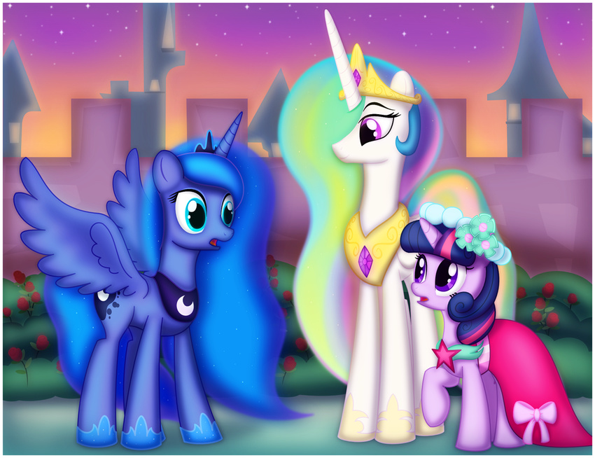 blue_fur blue_hair clothed clothing ctb-36 cutie_mark equine female feral flower friendship_is_magic fur group hair horn horse mammal multi-colored_hair my_little_pony necklace outside pony princess_celestia_(mlp) princess_luna_(mlp) purple_eyes purple_fur ribbons shaded tiara twilight_sparkle_(mlp) two_tone_hair unicorn white_fur winged_unicorn wings