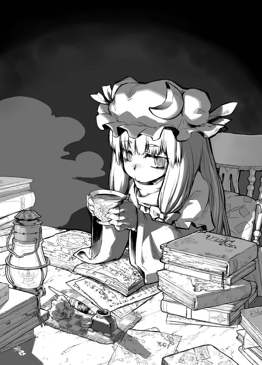 absurdres blowing book bow chair cold crescent cup dark desk fingerless_gloves gloves greyscale hair_bow hat highres inkwell lantern long_hair long_sleeves magic_circle monochrome paper patchouli_knowledge pen robe sitting solo steam table tea teacup touhou ume_(noraneko) upper_body wide_sleeves