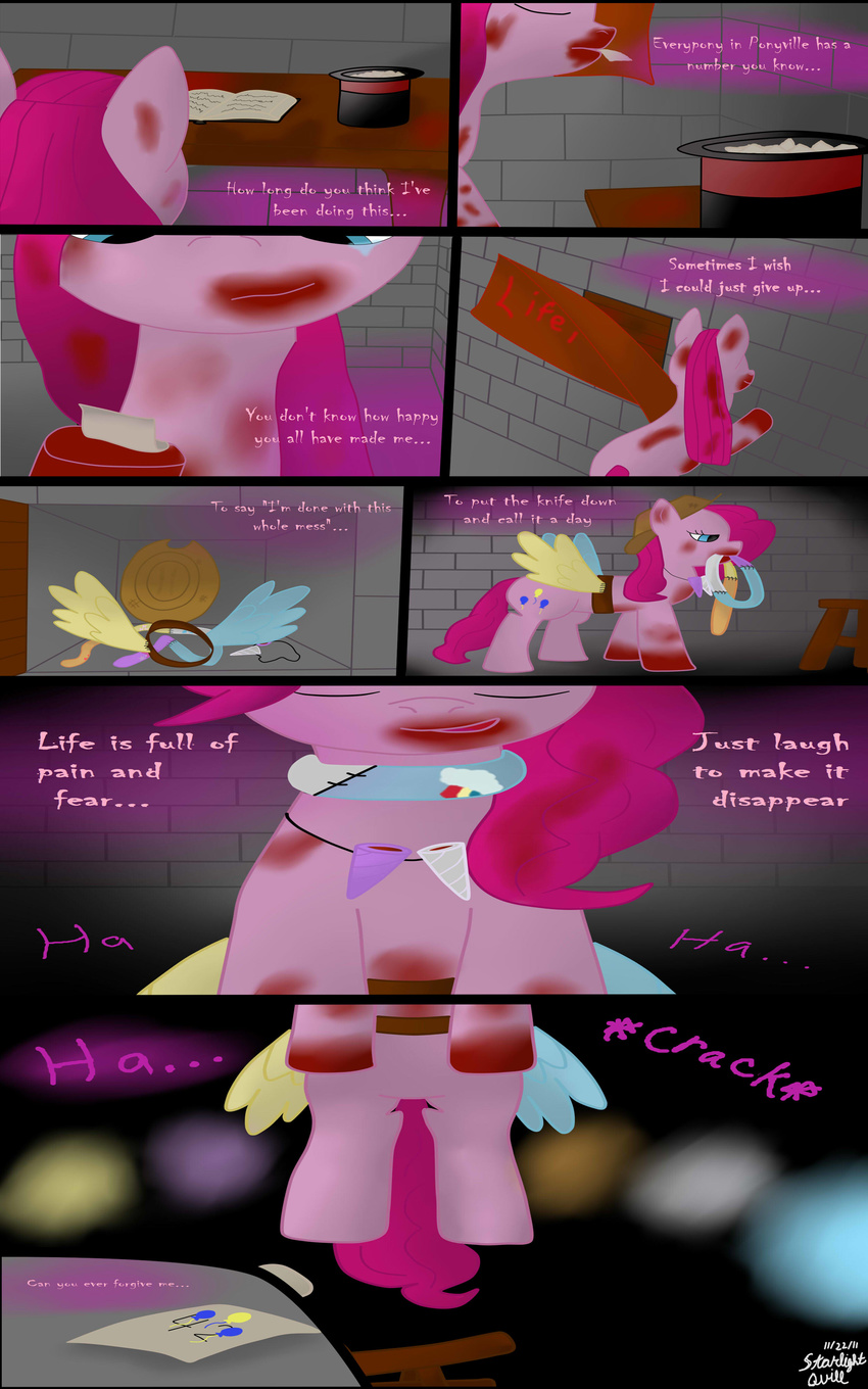 banner blood blue_eyes book clothing comic cowboy_hat cupcakes_(mlp_fanfic) cutie_mark death deathshadow1991 dialog dialogue english_text equine female feral friendship_is_magic fur hair hanging hat horn horse insane male mammal my_little_pony noose pink_fur pink_hair pinkamena_(mlp) pinkie_pie_(mlp) pony smile solo suicide table tears text top_hat wings