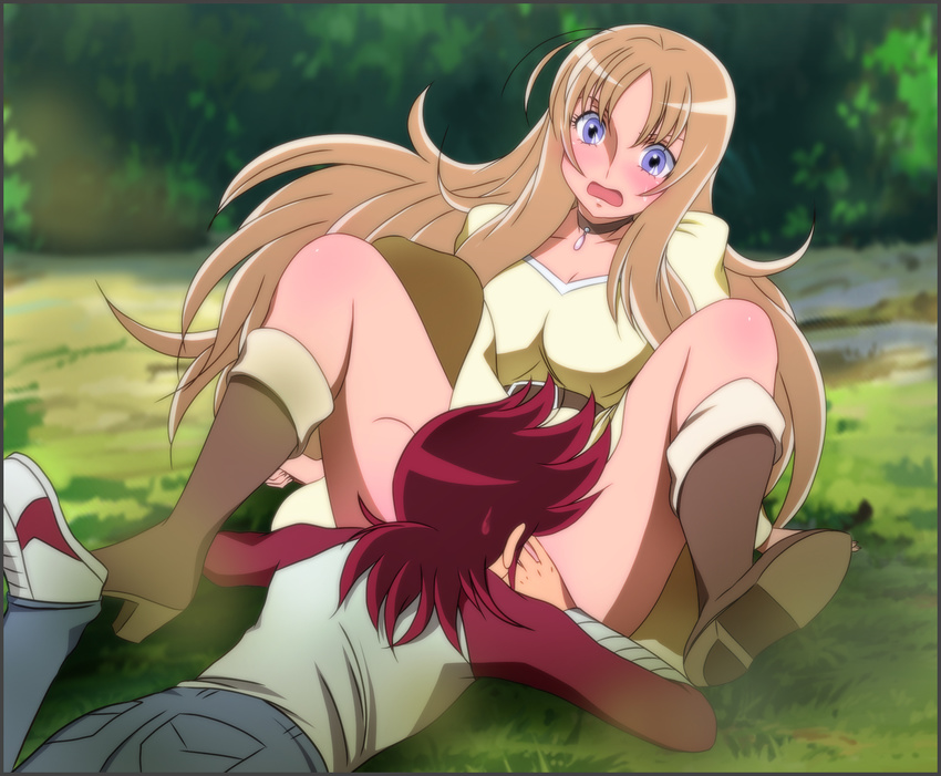 1girl accident aquila_yuna belt blonde_hair blue_eyes blush boots breasts choker cleavage collar cunnilingus dress dress_lift feet forest grass highres large_breasts legs long_hair looking_down nature open_mouth oral pegasus_koga red_hair saint_seiya saint_seiya_omega sexually_suggestive shoes short_hair sitting sneakers spread_legs sweatdrop thighs tree yadokari_genpachirou