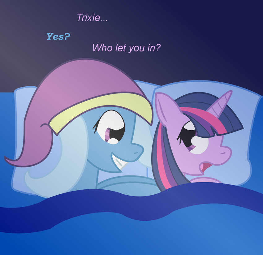 blue_fur dazed-and-wandering dialog dialogue duo dw1482 english_text equine female feral friendship_is_magic fur hair hat horn horse mammal my_little_pony obsession pillow pony purple_eyes purple_fur stalker stalking text trixie_(mlp) twilight_sparkle_(mlp) two_tone_hair unicorn