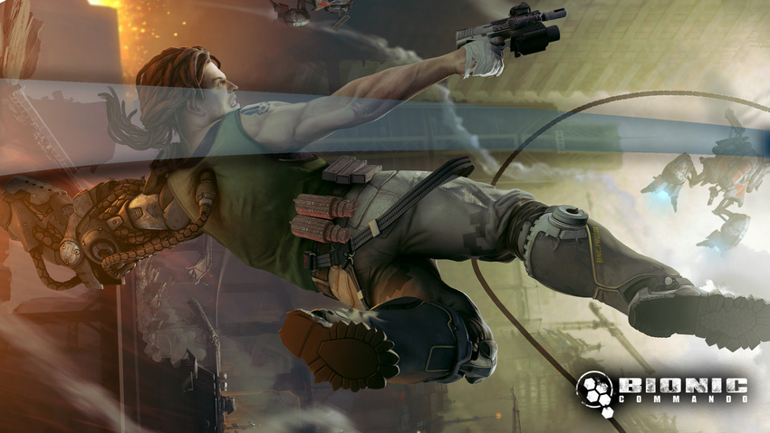 3d aircraft bandages battle bionic_commando boots brown_hair cyborg gloves green_eyes gun hairlocs handgun highres manly nathan_spencer non-web_source official_art pistol promotional_art realistic science_fiction soldier tank_top terrorist weapon