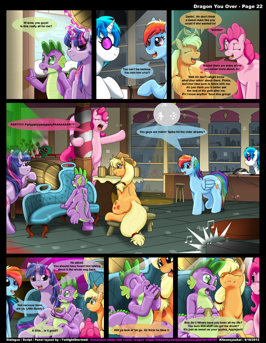 applejack_(mlp) barrel blonde_hair blue_fur blue_hair candy_cane cider comic cowboy_hat cub cup cutie_mark dialog dialogue disco_ball dragon drinking english_text equine eyes_closed female feral friendship_is_magic fur group hair hat horn horse inside kitsune_youkai magic male mammal mug multi-colored_hair music my_little_pony orange_fur pegasus pink_fur pink_hair pinkie_pie_(mlp) pony purple_fur purple_scales rainbow_dash_(mlp) rainbow_hair scalie smile spike_(mlp) text twilight_sparkle_(mlp) two_tone_hair unicorn vinyl_scratch_(mlp) white_fur wings wood young