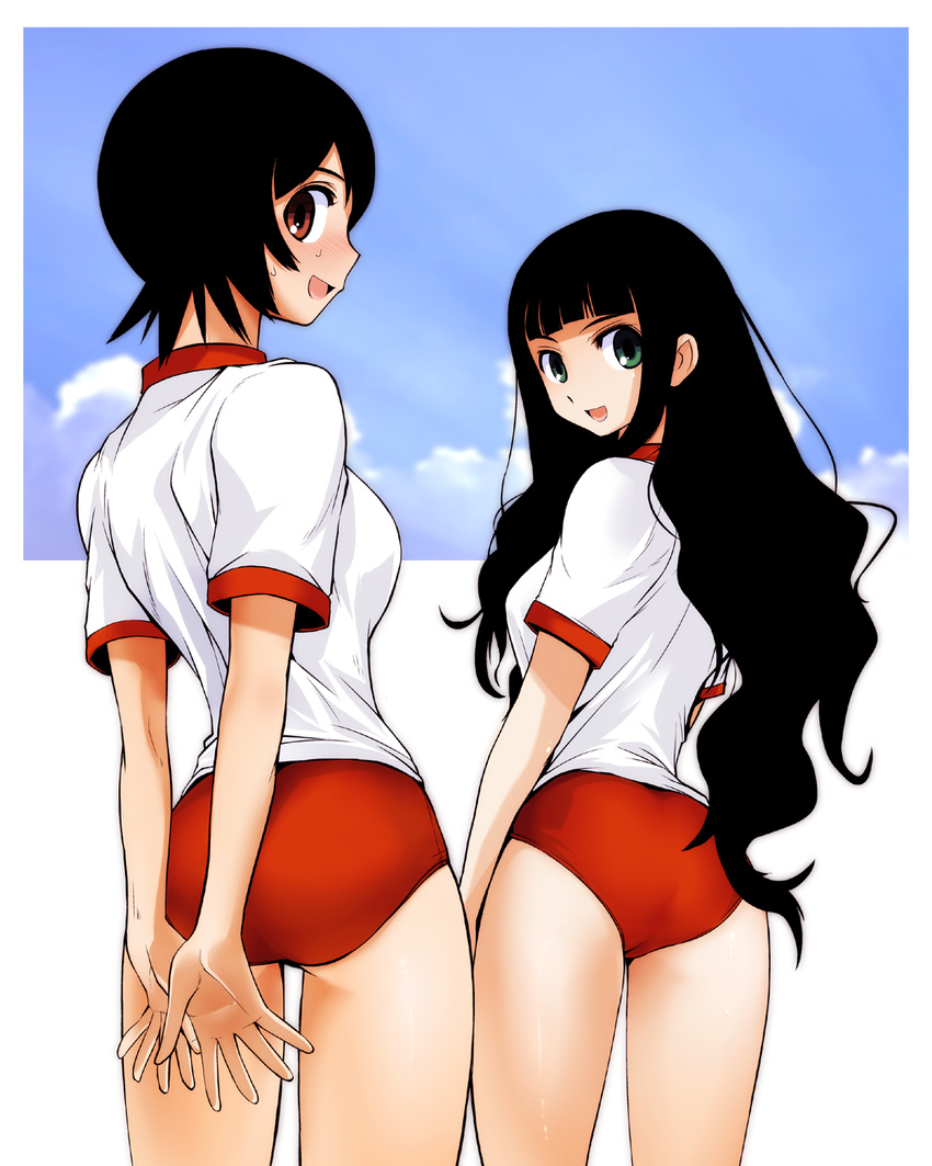 arms_behind_back ass black_hair buruma ez6 from_behind green_eyes hands highres hitou_nami itoshiki_rin long_hair looking_back multiple_girls non-web_source red_eyes sayonara_zetsubou_sensei short_hair