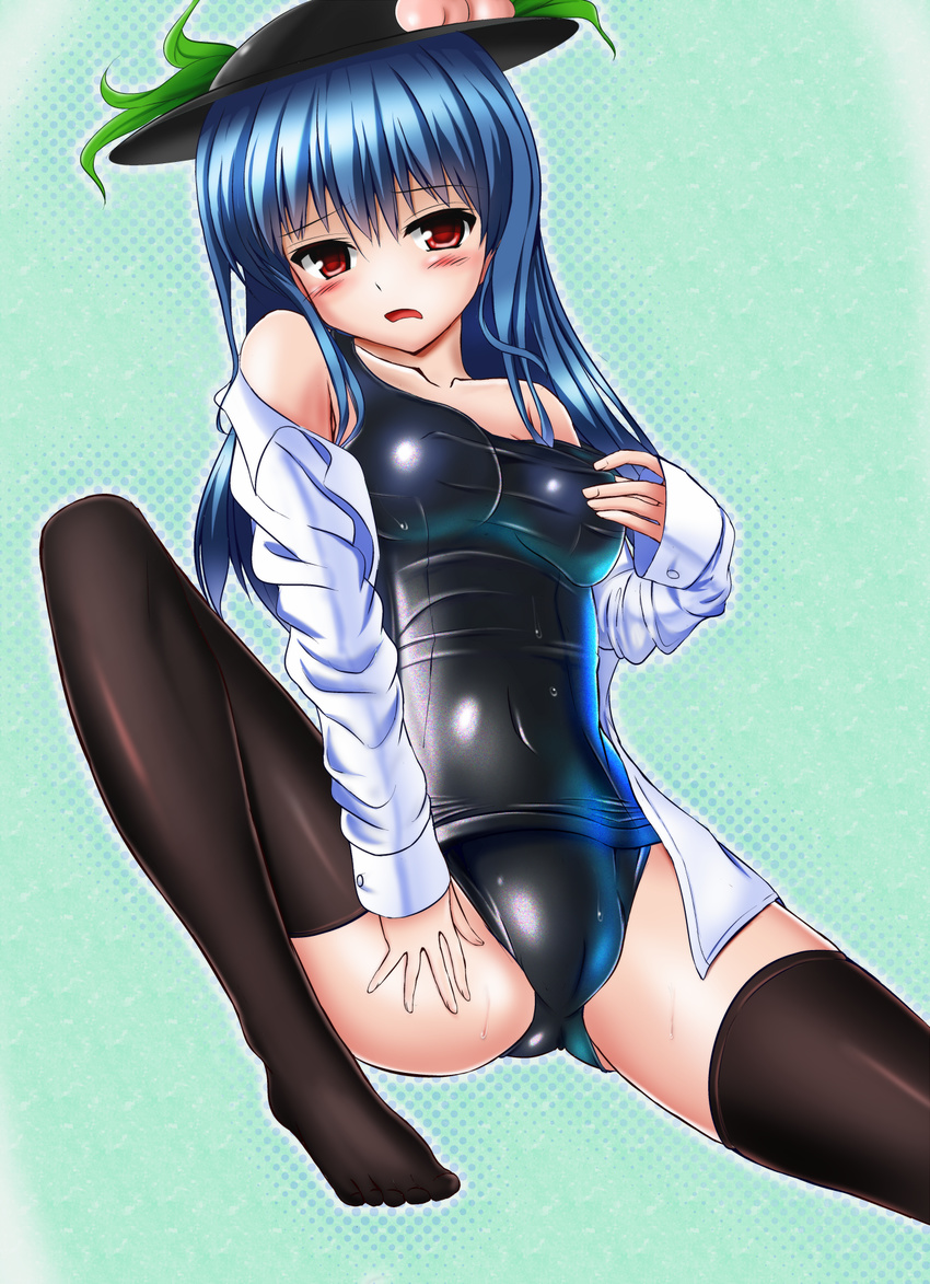black_legwear blue_hair blush breasts cameltoe collarbone covered_navel food fruit groin hat highres hinanawi_tenshi honda_takaharu leaf long_hair long_sleeves looking_at_viewer medium_breasts off_shoulder one-piece_swimsuit open_clothes open_mouth open_shirt peach red_eyes school_swimsuit shiny shiny_clothes shirt sitting skindentation solo spread_legs strap_pull sweat swimsuit thighhighs touhou wet wet_clothes