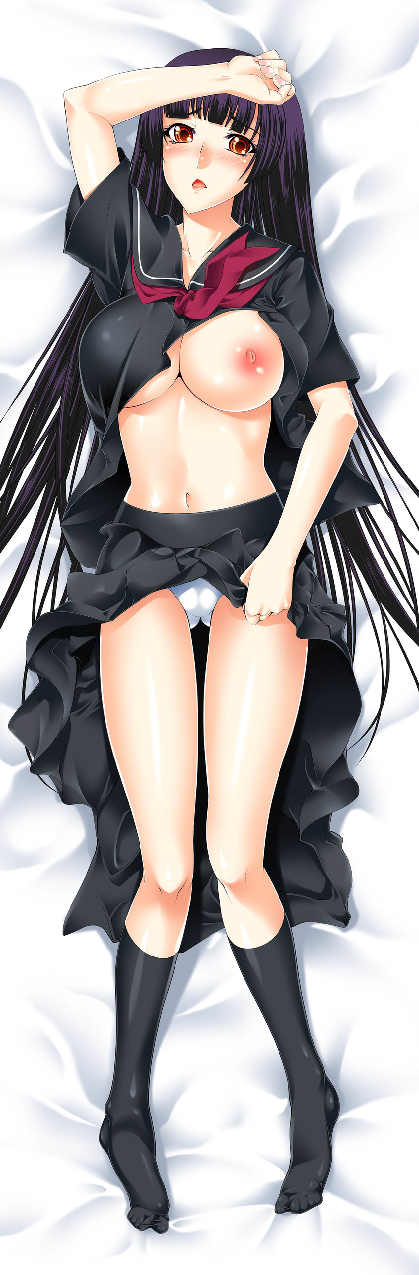 1girl absurdres artist_request black_hair black_legwear black_socks blush breast_slip breasts dakimakura footwear gen_(genetrix) highres kanoe_yuuko large_breasts long_hair long_image lying navel nipples no_bra on_back one_breast_out panties red_eyes tall_image tasogare_otome_x_amnesia underwear white_panties